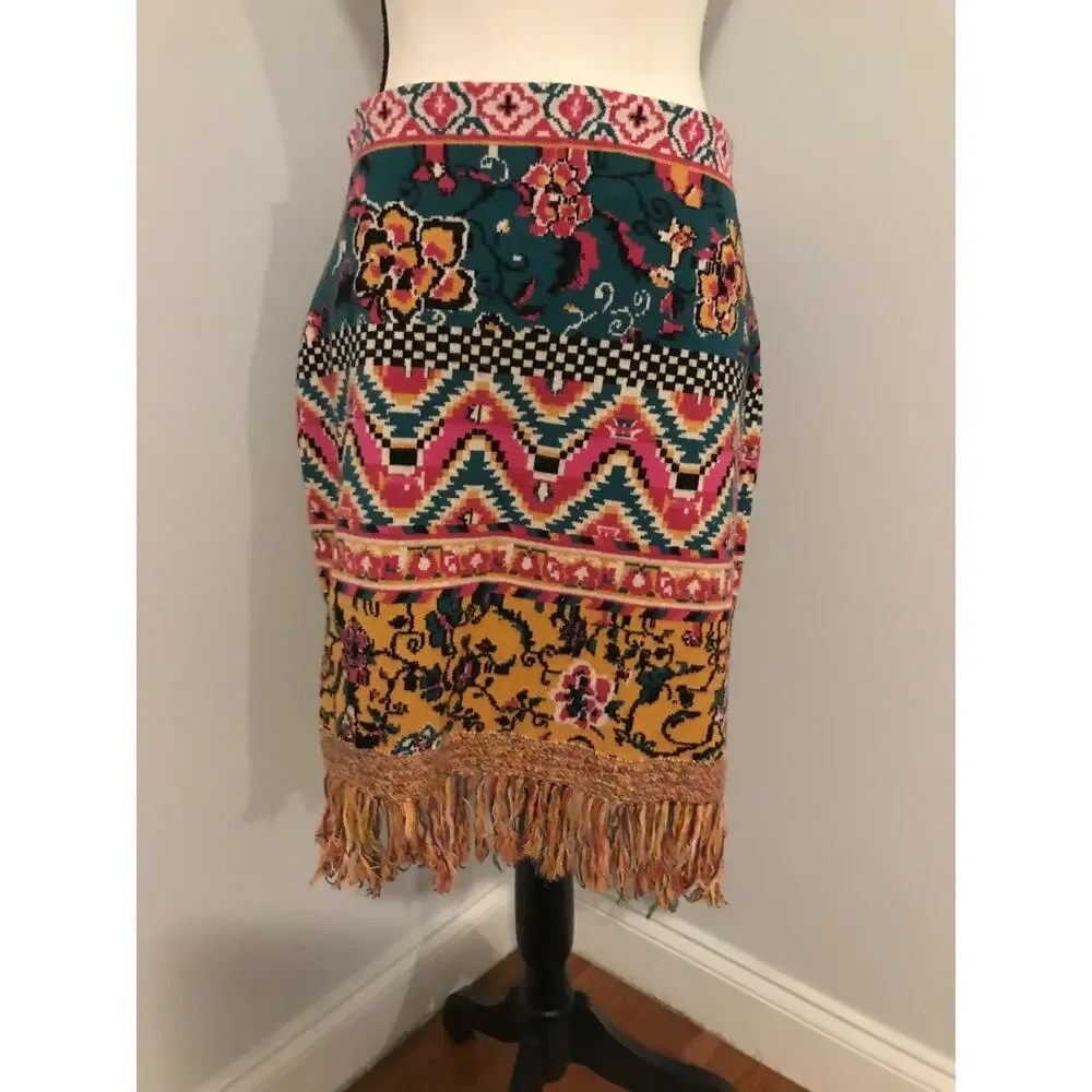 Anthro Fringed Sweater Mini Skirt XL Boho Abstract Print Tassel Hem Knit - Picture 4 of 10